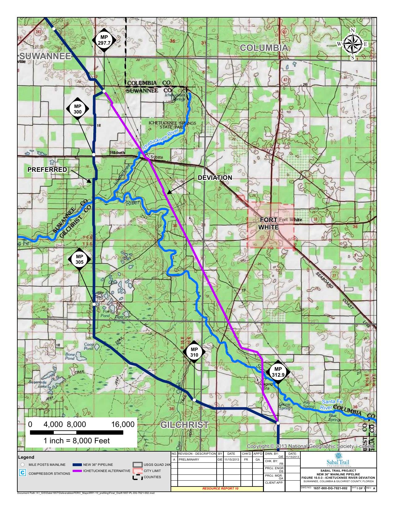 Ichetucknee River Deviation, Suwannee County, Columbia County, Gilchrist County, Florida, in Alternatives, by Sabal Trail Transmission, for FERC Docket No. PF14-1-000, 15 November 2013, converted by SpectraBusters