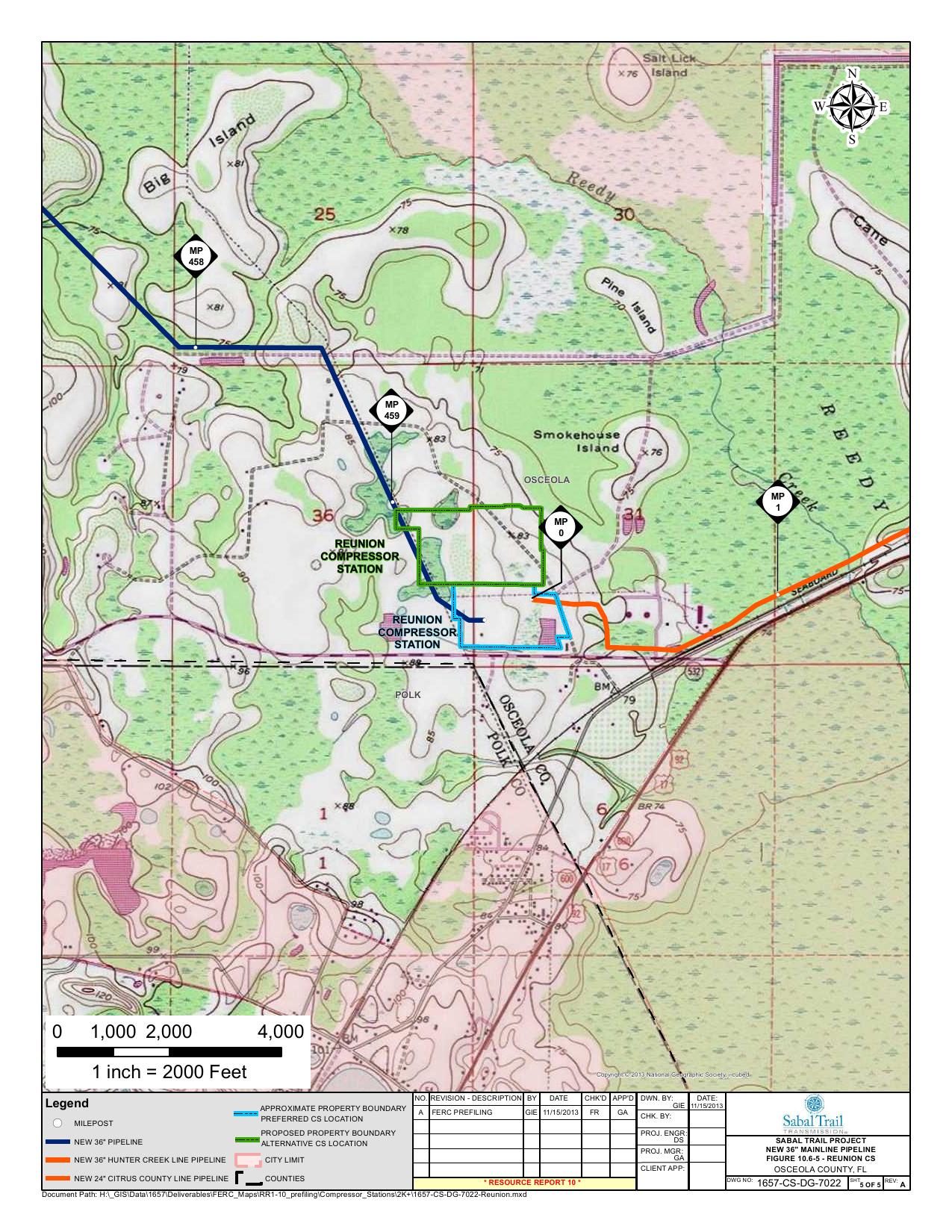 Reunion Compressor Station, Osceola County, Florida, in Alternatives, by Sabal Trail Transmission, for FERC Docket No. PF14-1-000, 15 November 2013, converted by SpectraBusters