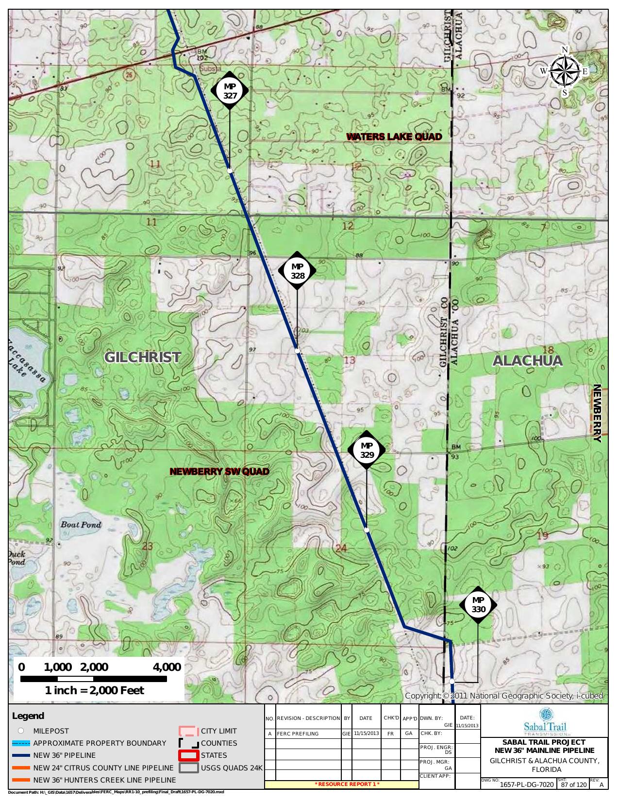 *Newberry SW Quad, Gilchrist and Alachua County, Florida, in General Project Description, by SpectraBusters, for FERC Docket No. PF14-1-000, 15 November 2013, converted by SpectraBusters