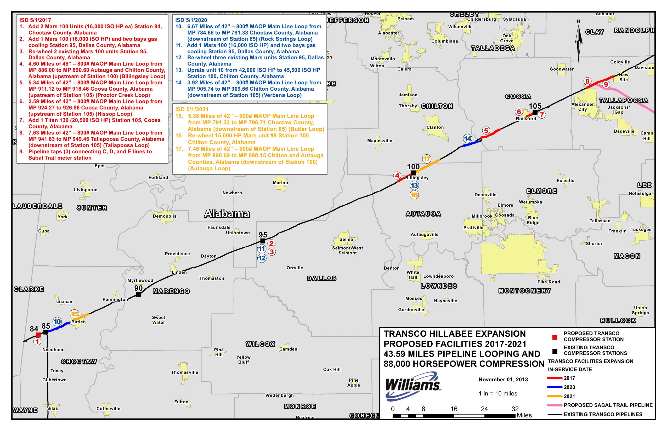 Map of Transco Hillabee Expansion Proposed Facilities 2017-2021, in Request for Pre-Filing Review, by Transcontinental Gas Pipe Line, for FERC Docket No. PF14-6, 4 November 2013