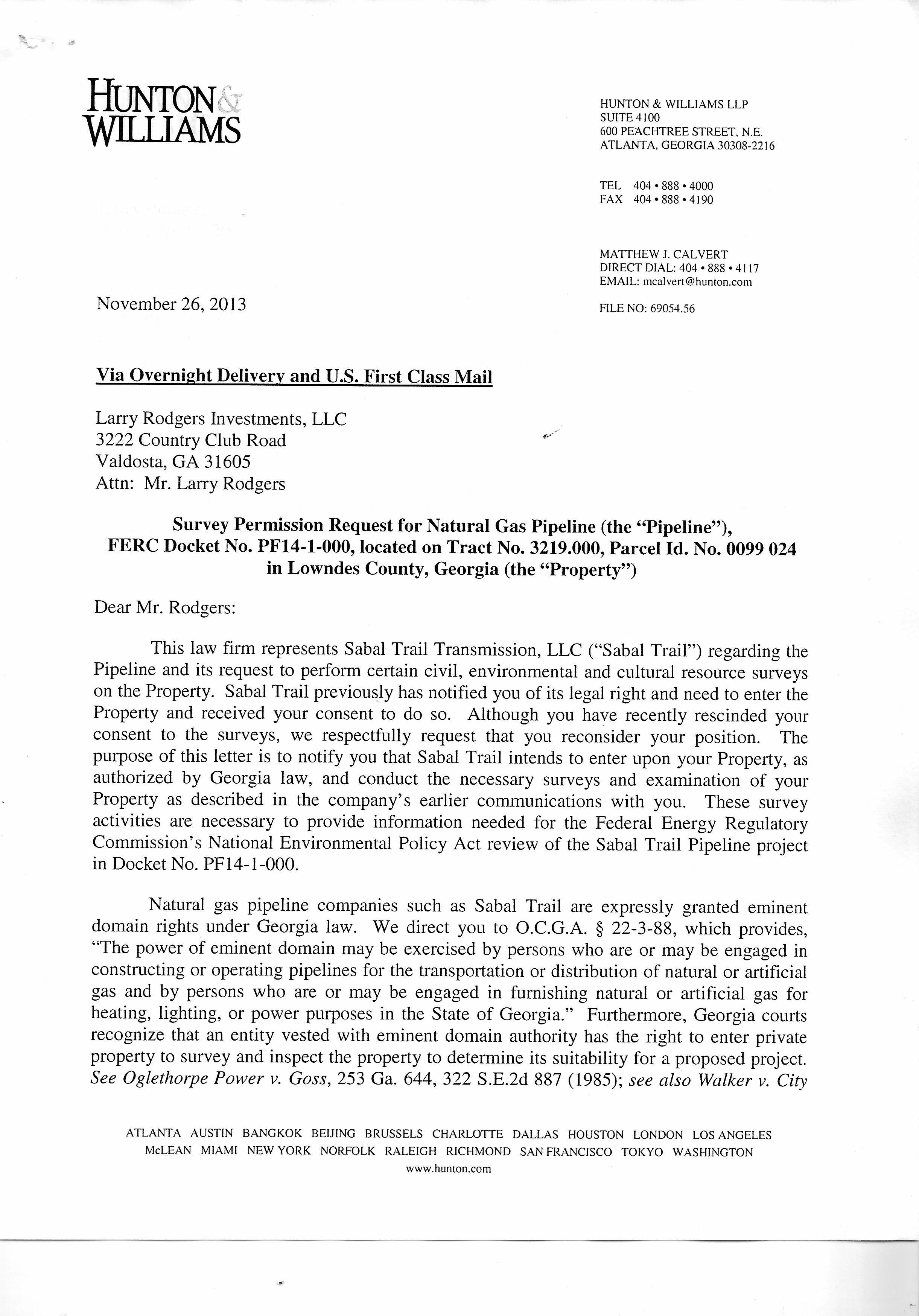 Page 1: the power of eminent domain, in Eminent domain letter from Sabal Trail attorney, by Larry Rodgers Investments, for Spectrabusters.org, 26 November 2013