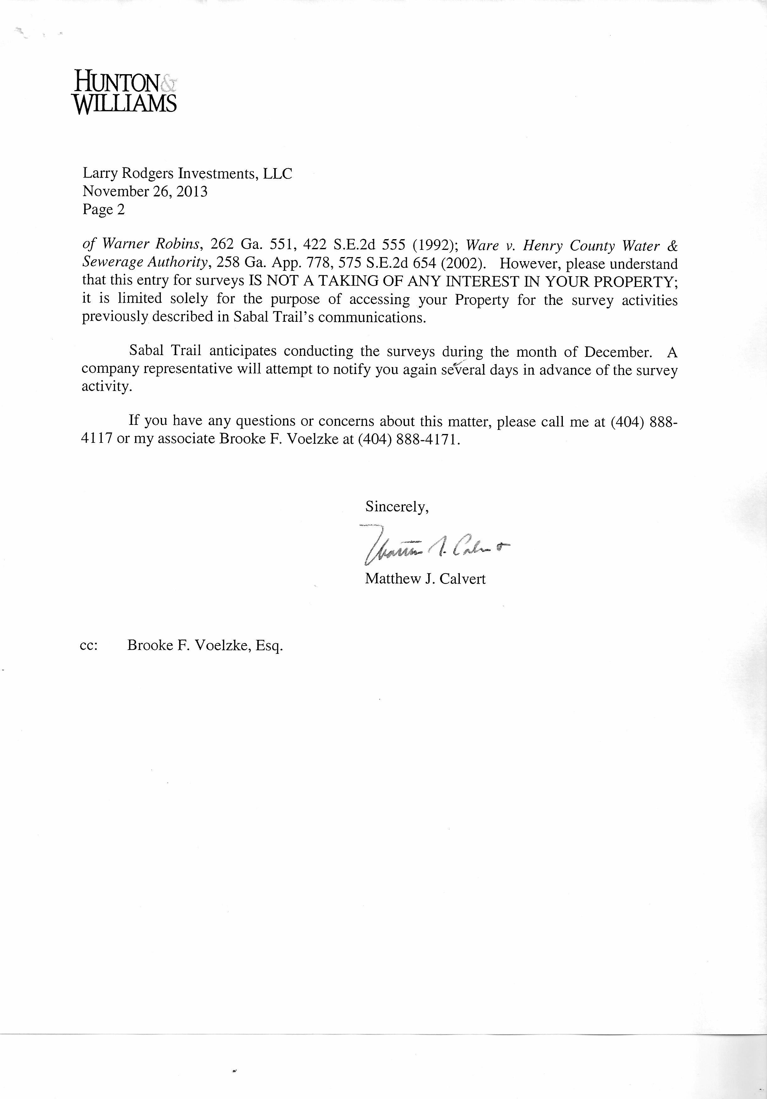 Page 2: Sabal Trail anticipates conducting the surveys during the month of December, in Eminent domain letter from Sabal Trail attorney, by Larry Rodgers Investments, for Spectrabusters.org, 26 November 2013