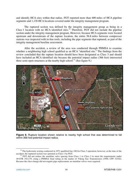 PHMSA determined high school was within impact radius, in Rupture of Florida Gas Transmission Pipeline and Release of Natural Gas, by NTSB, for SpectraBusters.org, 4 May 2009