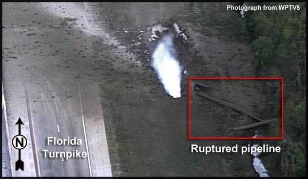 Ruptured pipeline and Florida Turnpike --WPTV5, in Rupture of Florida Gas Transmission Pipeline and Release of Natural Gas, by NTSB, for SpectraBusters.org, 4 May 2009
