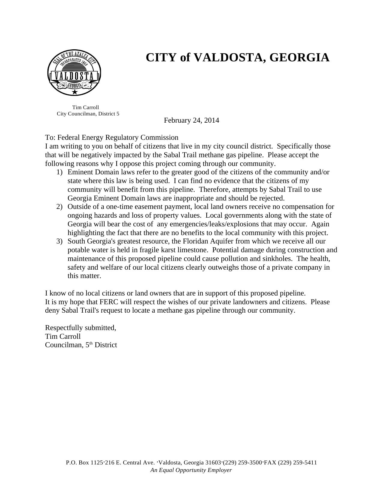 1275x1650 Letter on Valdosta City Council letterhead, in Property rights and water: please deny the Sabal Trail methane pipeline, by Tim Carroll, for Citizens living in Valdosta City Council District 5, 3 March 2014