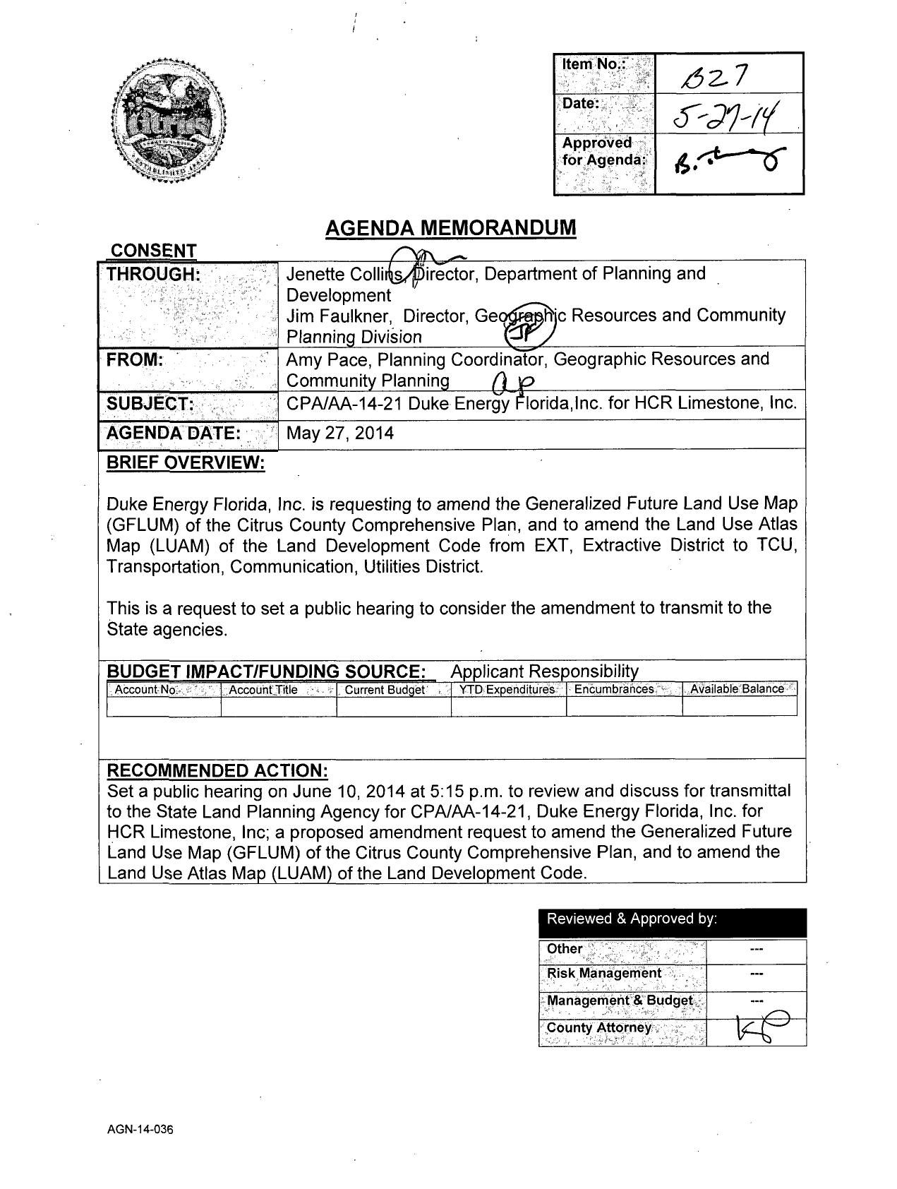 1271x1684 Agenda Memorandum, in Re-designation to TCU, Transportation, Communication, Utilities District, by Duke Energy, for SpectraBusters.org, 27 May 2014