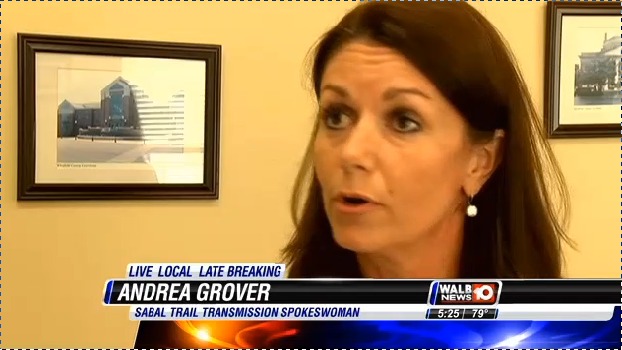 622x350 Andrea Grover, Spectra Energy, in Stills from WALB about Leesburg pipeline hearing, by John S. Quarterman, for SpectraBusters.org, 10 July 2014