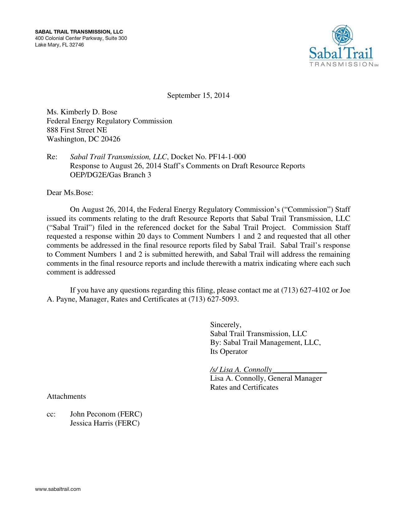 1275x1650 Lisa A. Connelly (STT) to John Peconom (FERC), in Response to FERC directive of 26 August 2014, by Sabal Trail Transmission, for SpectraBusters.org, 15 September 2014