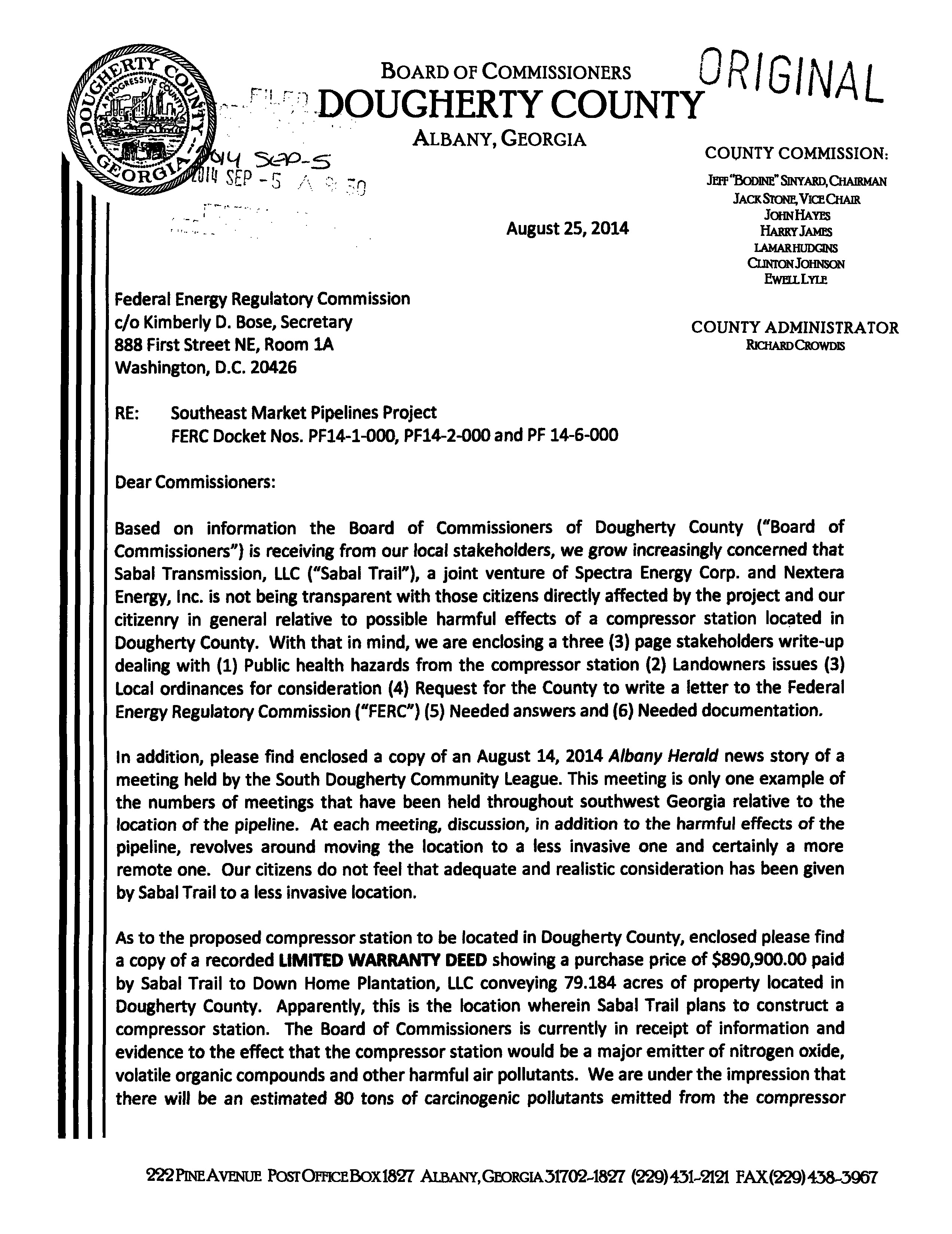 2544x3296 Page-01 Dougherty County Commission to FERC (1 of 2), in We grow increasingly concerned, by Dougherty County Commission, 25 August 2014