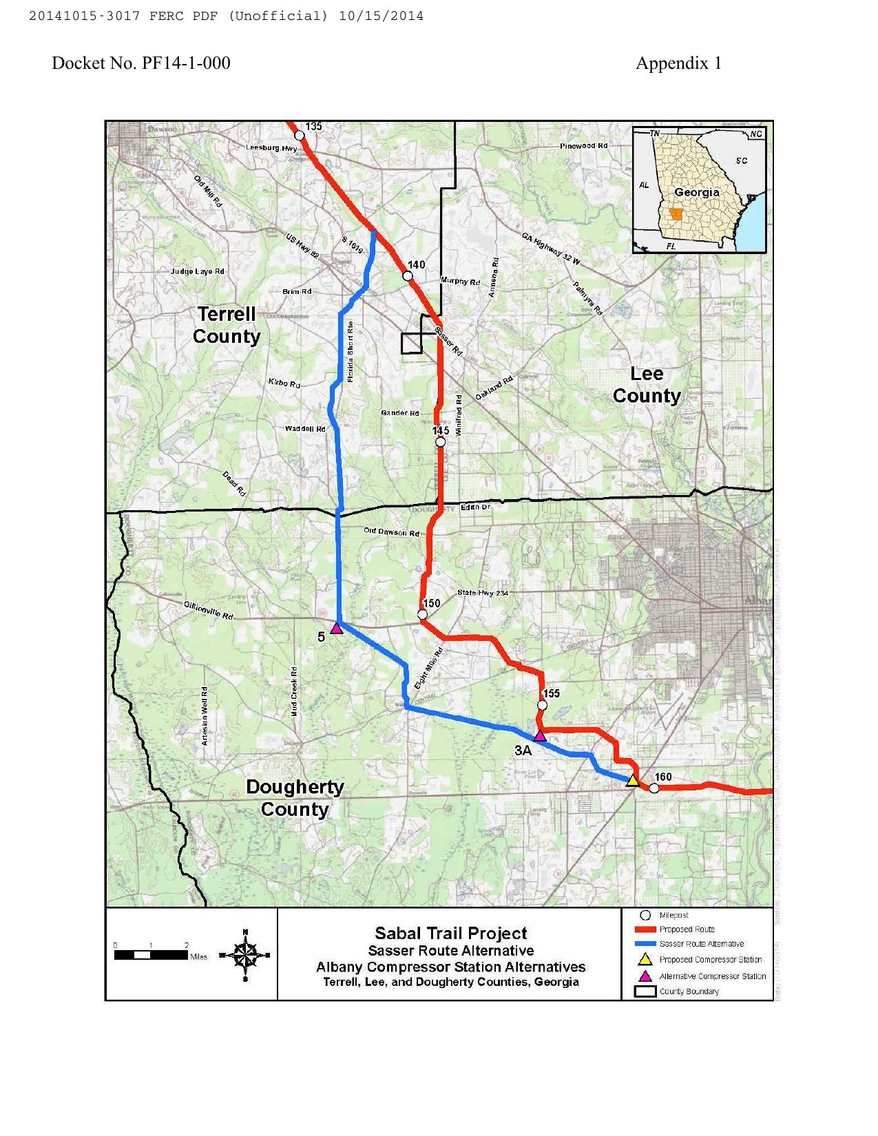 1275x1650 Sasser Route Alternative, Albany Compressor station Alternatives, Terrell, Lee, and Dougherty Counties. Georgia, in Sabal Trail Notice of EIS Intent, by John S. Quarterman, for SpectraBusters.org, 15 October 2014