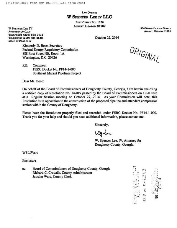 600x773 Cover letter, in Resolution No. 14-019 pipeline and compressor station, by Dougherty County Commission, for SpectraBusters.org, 5 November 2014