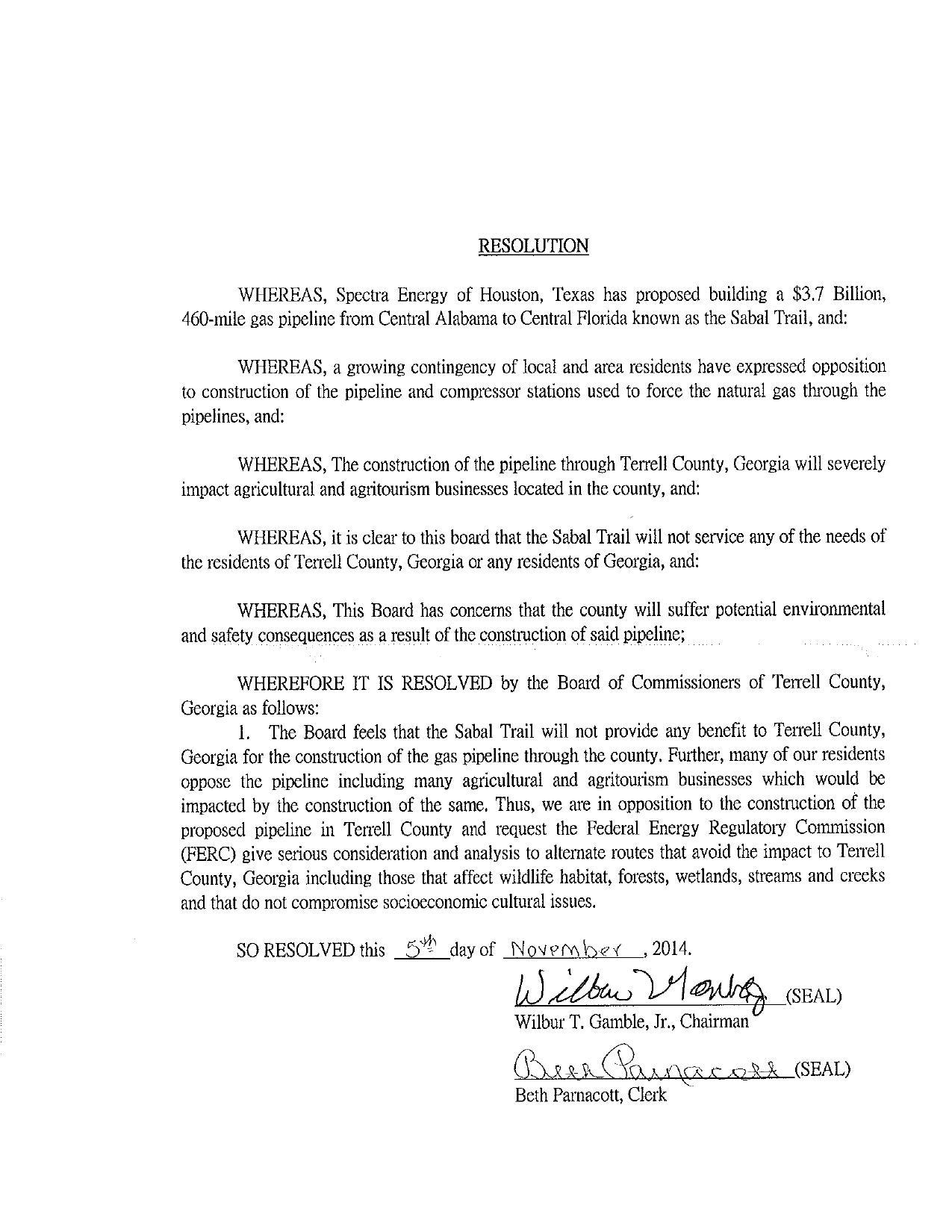 1275x1650 Resolution, in Agriculture over pipeline: Terrell County resolution against Sabal Trail, by John S. Quarterman, for SpectraBusters.org, 5 November 2014