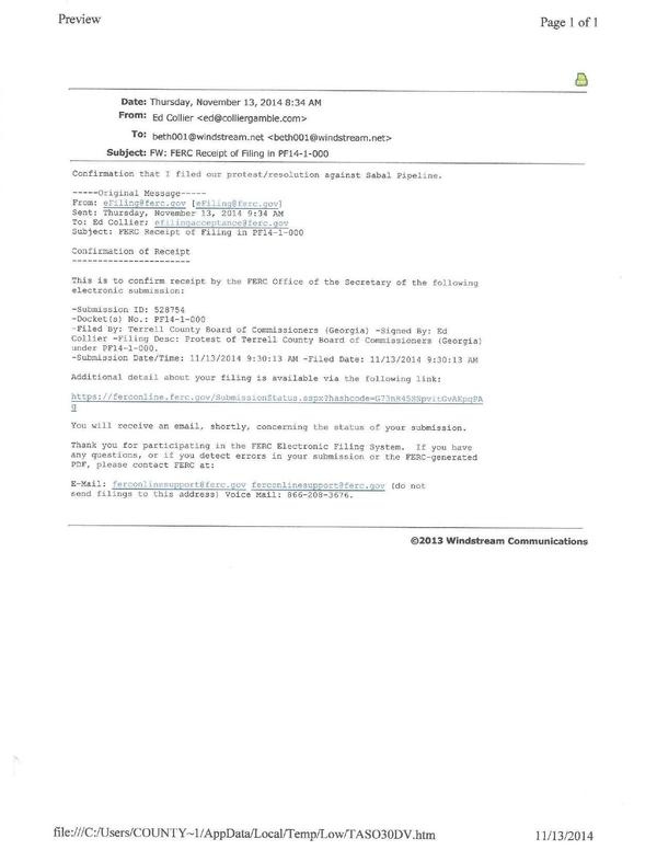 600x776 Confirmation of receipt by FERC, in Agriculture over pipeline: Terrell County resolution against Sabal Trail, by John S. Quarterman, for SpectraBusters.org, 5 November 2014