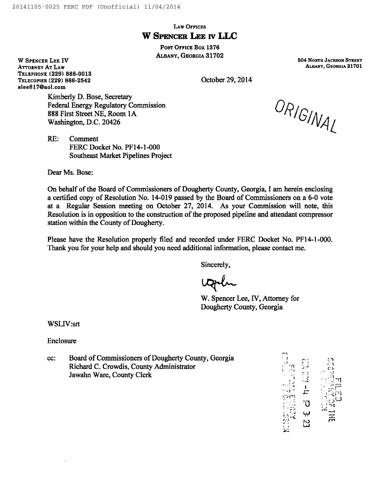 1280x1650 Cover letter, in Resolution No. 14-019 pipeline and compressor station, by Dougherty County Commission, for SpectraBusters.org, 5 November 2014