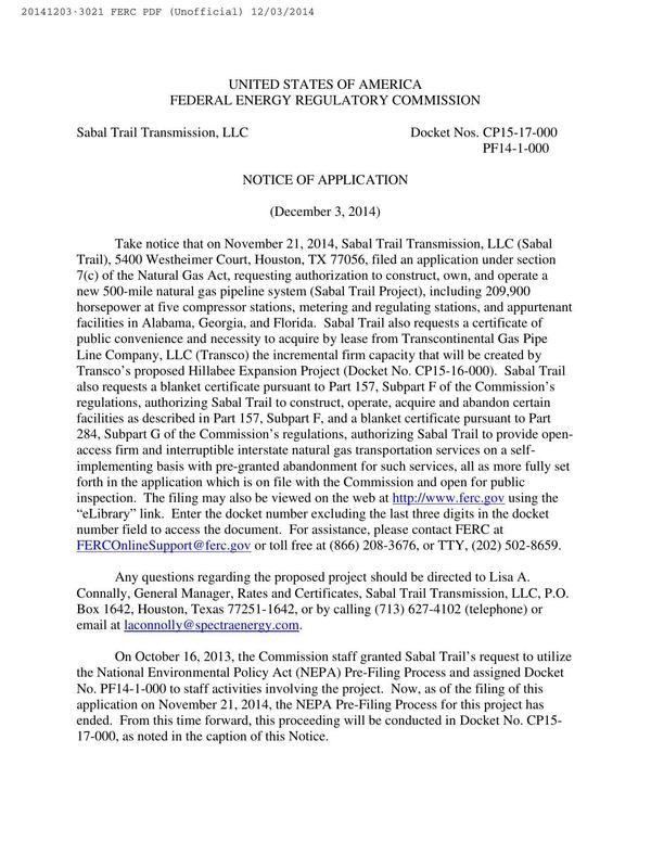 600x776 Take notice, in Sabal Trail Notice of Application, by FERC, for SpectraBusters.org, 3 December 2014