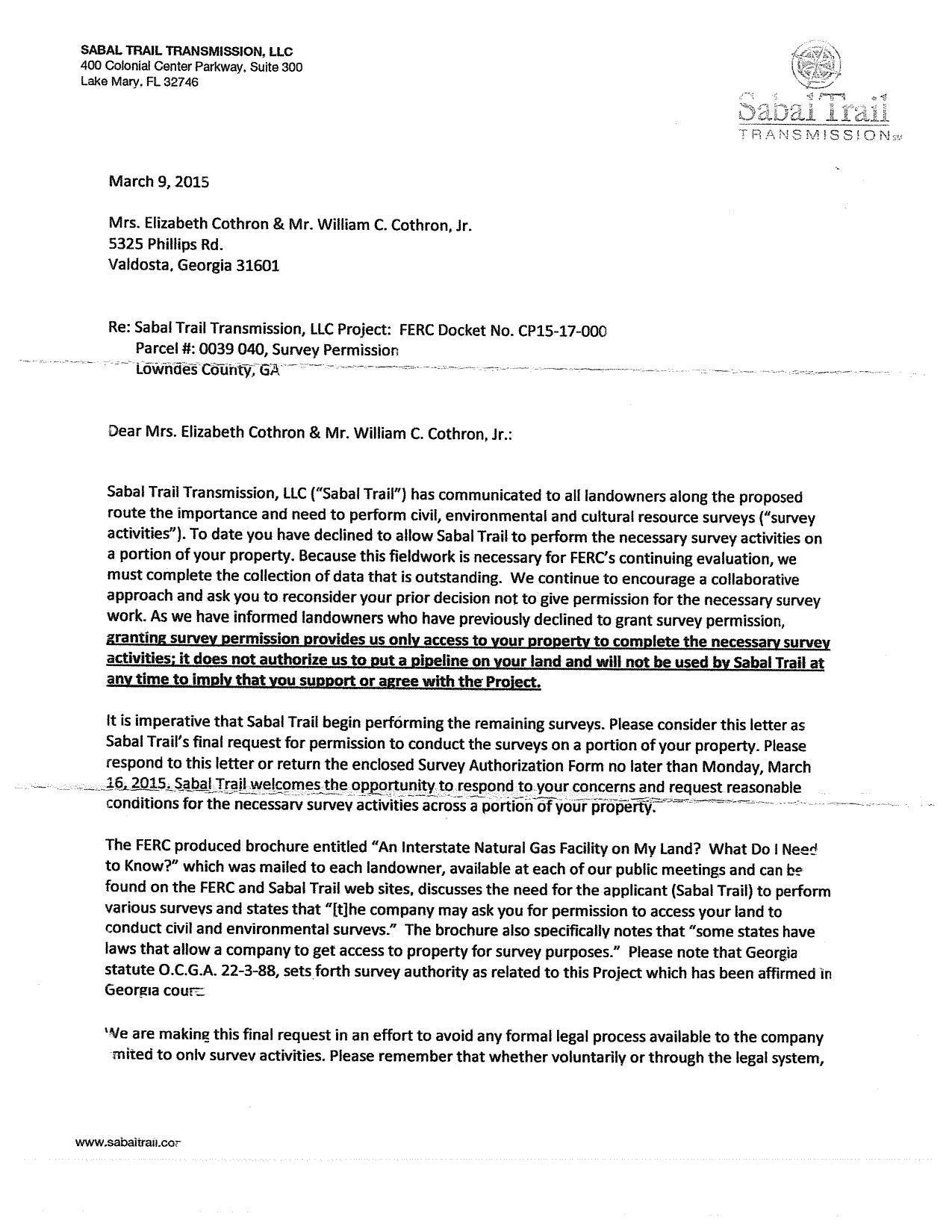 1275x1650 Final request, in Eminent domain final notice from Sabal Trail, by John S. Quarterman, for SpectraBusters.org, 9 March 2015