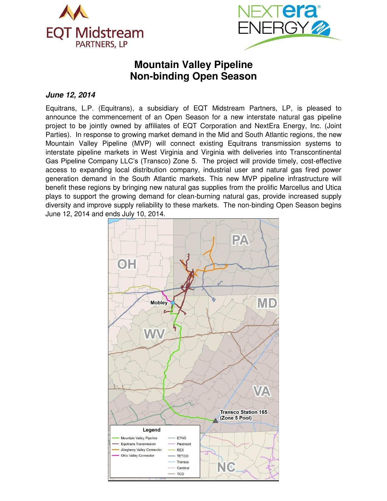 1275x1650 Introduction and map, in Mountain Valley Pipeline Non-binding Open Season, by EQT Midstream Partners, LLP and NextEra Energy, for SpectraBusters.org, 12 June 2014