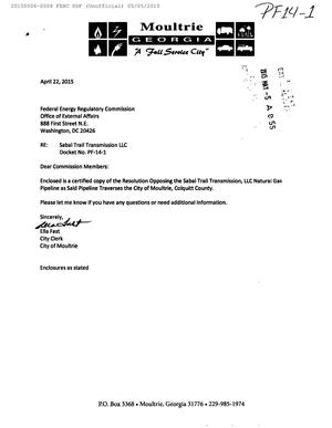 300x387 Cover Letter by Ella Fast, City Clerk, in Moultrie, GA resolution against Sabal Trail, by John S. Quarterman, for SpectraBusters.org, 6 May 2015