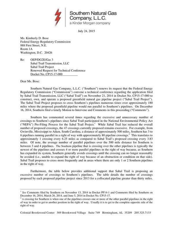 600x776 SONAT renews its request for a technical conference, in Sabal Trail is proposiong an excessive number of crossings, by Southern Natural Gas, for SpectraBusters.org, 24 July 2015