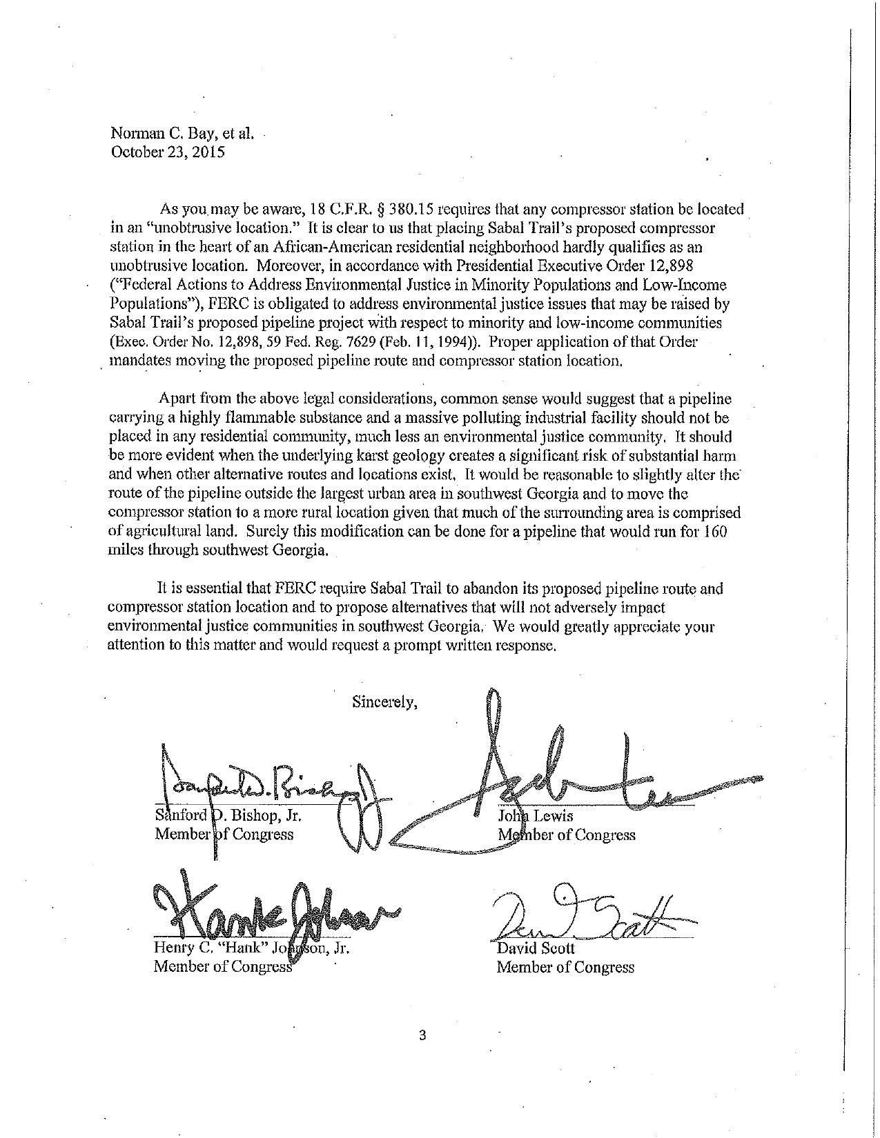 1275x1650 Signatures, in Four Congress members demand Sabal Trail move off of Albany, GA, by Sanford D. Bishop Jr., John Lewis, Henry C. Hank Johnson  Jr., David Scott, for SpectraBusters.org, 23 October 2015