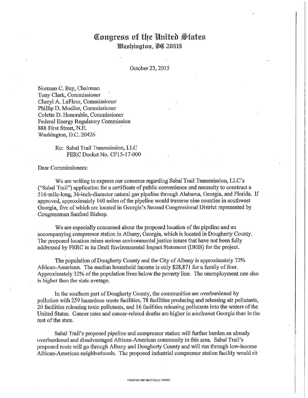 1275x1650 To the FERC Commissioners, in Four Congress members demand Sabal Trail move off of Albany, GA, by Sanford D. Bishop Jr., John Lewis, Henry C. Hank Johnson  Jr., David Scott, for SpectraBusters.org, 23 October 2015
