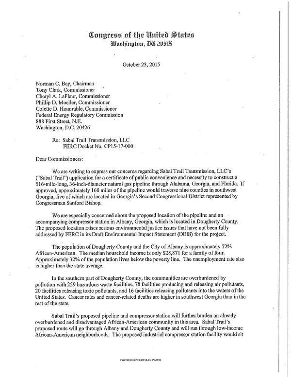 600x776 To the FERC Commissioners, in Four Congress members demand Sabal Trail move off of Albany, GA, by Sanford D. Bishop Jr., John Lewis, Henry C. Hank Johnson  Jr., David Scott, for SpectraBusters.org, 23 October 2015