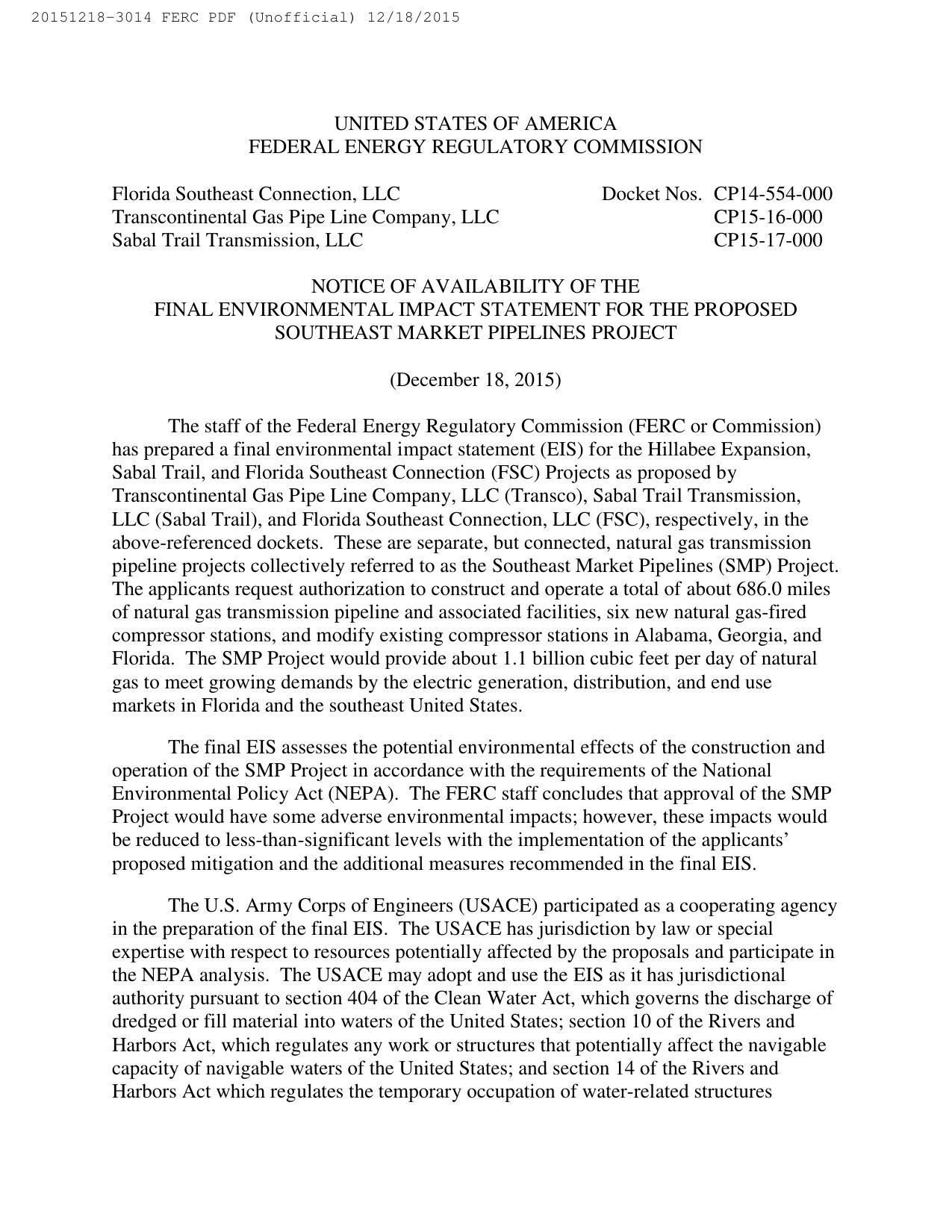 1275x1650 Title, in Sabal Trail FEIS Announcement, by FERC, for SpectraBusters.org, 18 December 2015