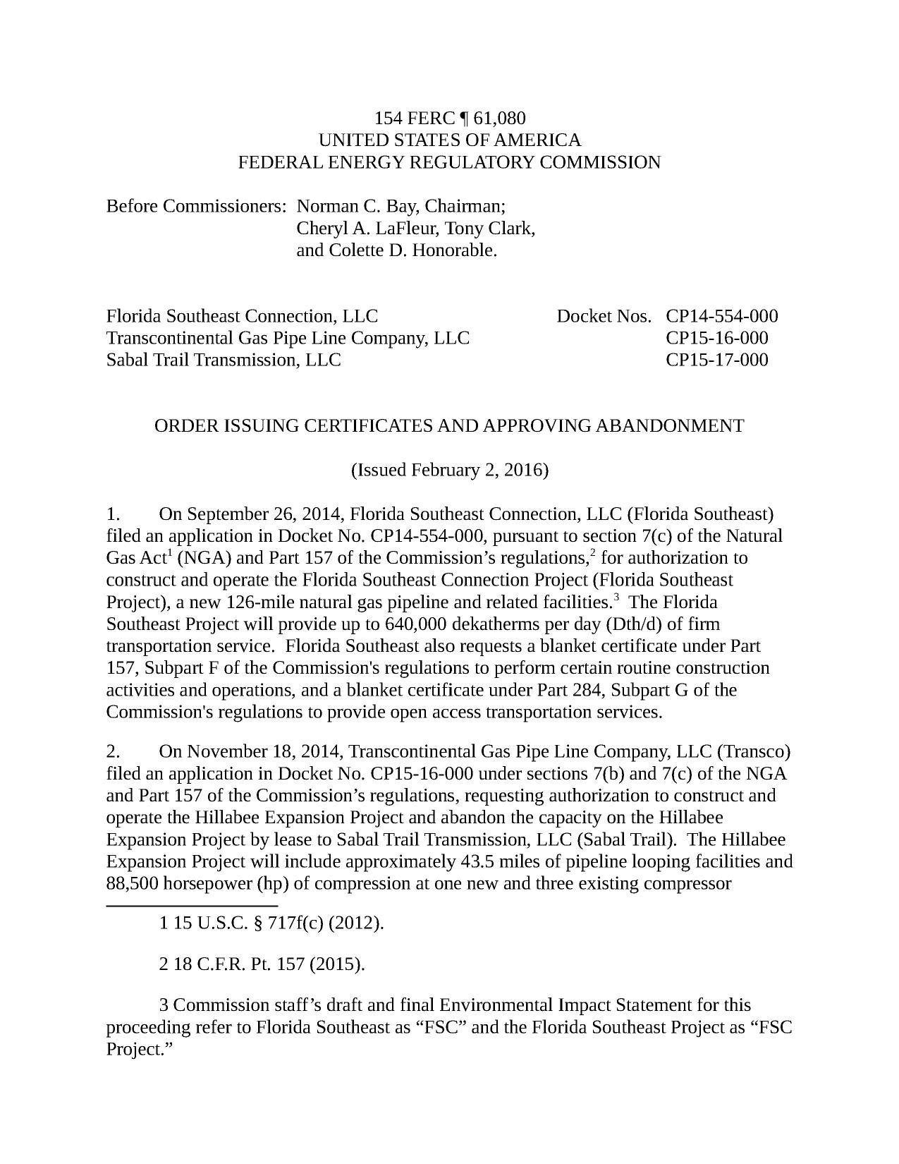 1275x1650 Page 1, in Order issuing certificates for Sabal Trail et al., by FERC, for SpectraBusters.org, 2 February 2016