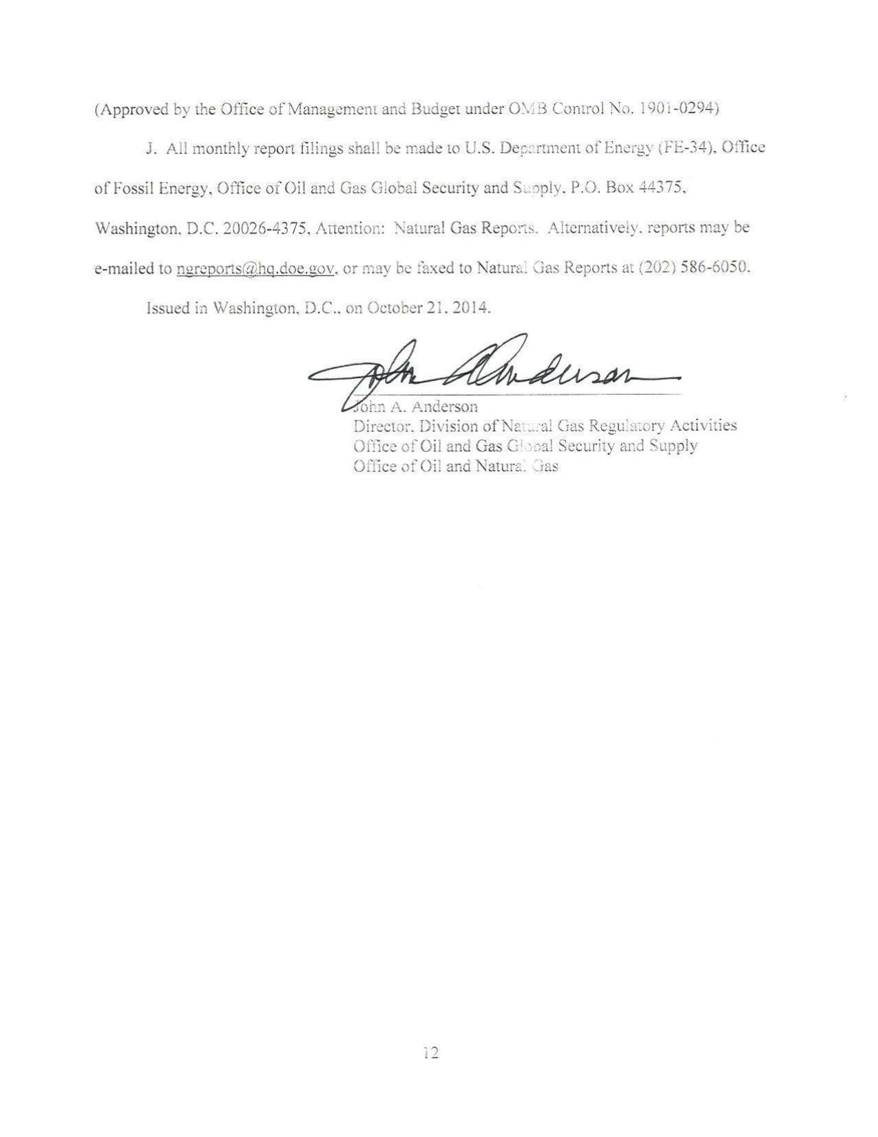 1275x1650 Signature, John A. Anderson, in Strom Crystal River LNG export approval, by Office of Fossil Energy, for SpectraBusters.org, 21 October 2014